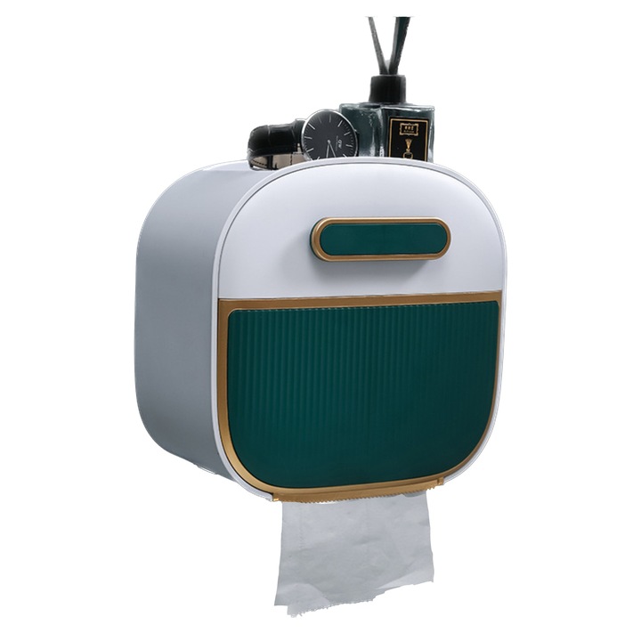 Dispenser pentru hartie igienica cu un compartiment cu sertar de depozitare si un compartiment pentru hartie igienica, verde