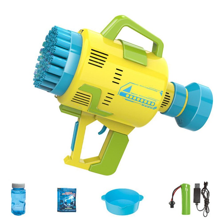 Pistol baloane de sapun, Zola®, 48 de orificii, incarcare USB, lumina LED, galben cu albastru, 24x22x10 cm