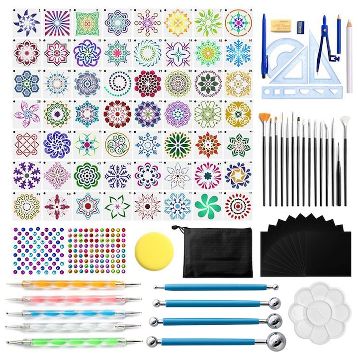 Set pictura mandala, pentru artizanat, picturi, decoratiuni, unghii, 105 piese, sabloane mandala, set pensule, suporti mandala, aplicatoare, margele, trusa desen tehnic, tava, burete, husa depozitare