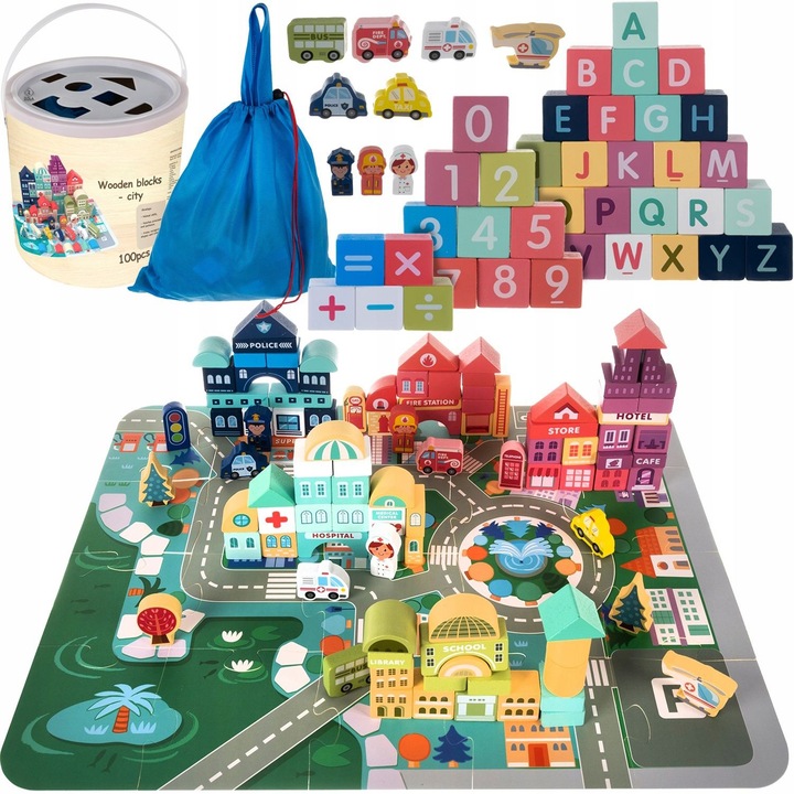 Комплектът Happy City, Zola®, коли, дървени кубчета, азбука и цифри, градски модел килим, 100 части, кутия за съхранение с геометрични фигури