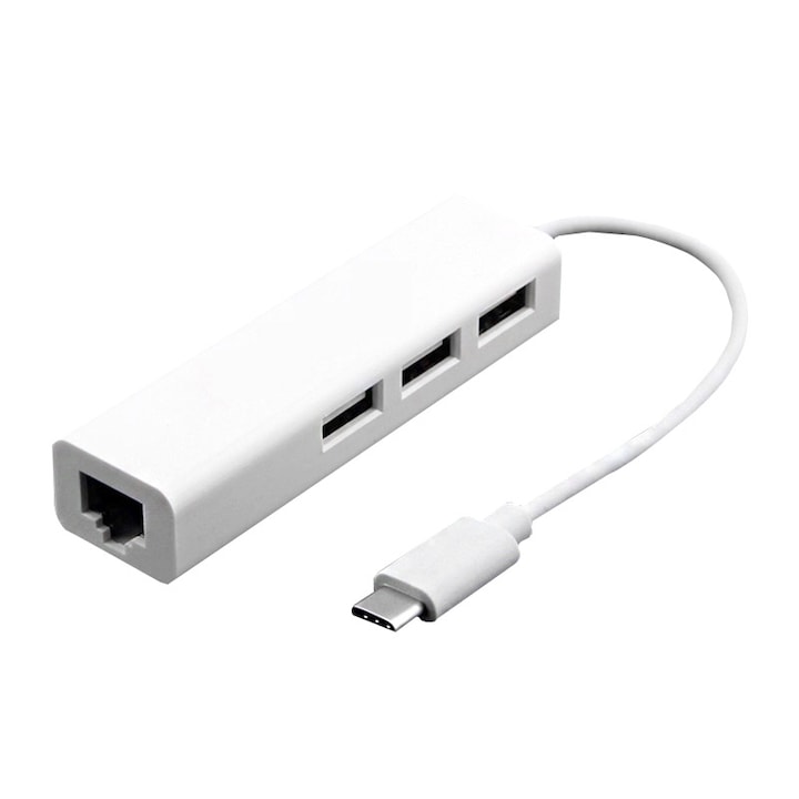 PMD adapter Hub USB-C Ethernet RJ45-höz, 3 x USB, hossza 13 cm, rugalmas, fehér