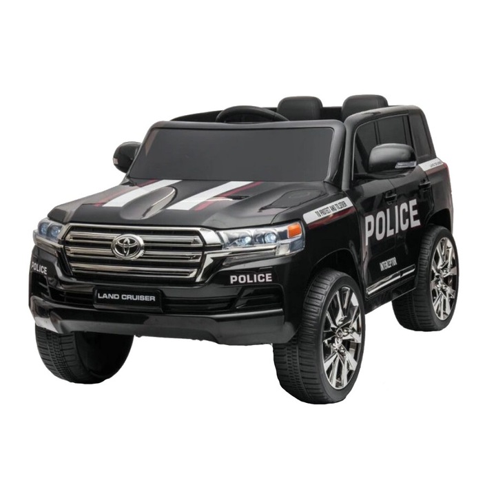 Masinuta electrica pentru copii Toyota Landcruiser Police Black cu roti EVA, scaun din piele, deschidere usi, scaun piele si telecomanda