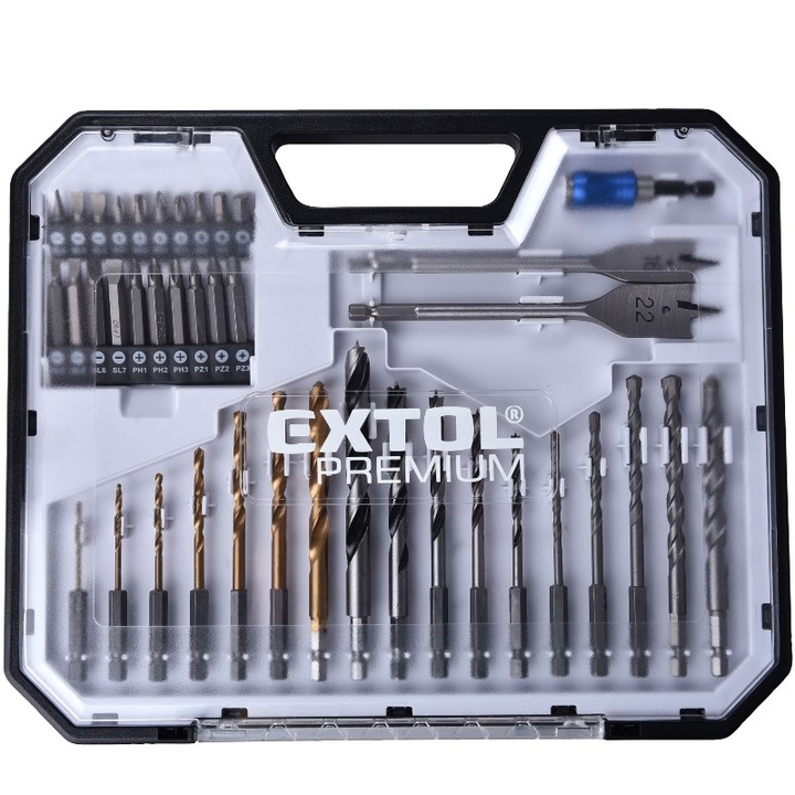 Set burghie si biti, Extol Premium, 40 piese, HSS, CrV