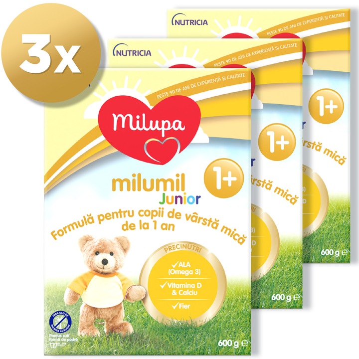Pachet 3 x Lapte de crestere Milupa Milumil Junior 1+, 600 g, de la 1 an