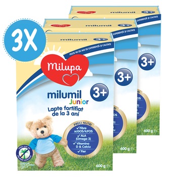 Pachet 3x lapte formula de continuare Milupa Milumil 3+, 600g, de la 3 ani, 1.8kg Pachet 3x lapte formula de continuare Milupa Milumil 3+, 600g, de la 3 ani, 1.8kg