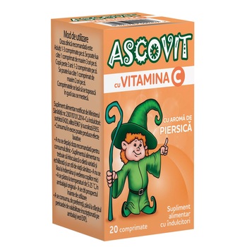 Supliment alimentar copii Ascovit Vitamina C, 100mg, piersica, 20 comprimate masticabile Supliment alimentar copii Ascovit Vitamina C, 100mg, piersica, 20 comprimate masticabile