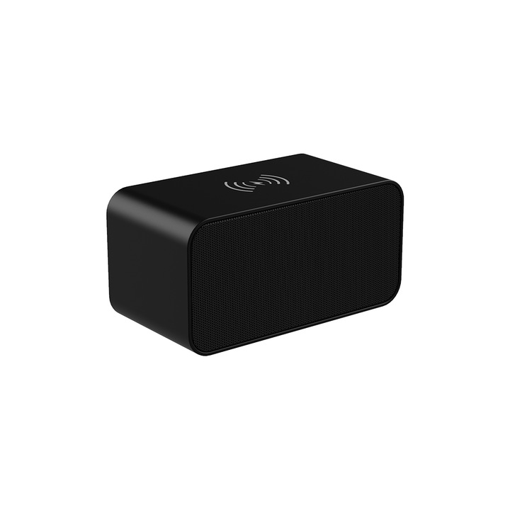 Boxa portabila multifunctionala Bluetooth 2in1, cu incarcator Wireless pentru telefon 5W, Speaker, baterie incorporata, Negru