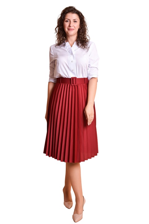 Fusta office plisata rosie cu centura in talie, Poliester, One Size INTL
