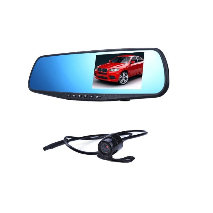 Oglinda Camera Video auto dubla tip Oglinda Blackbox™, HD 1080p, Display 4,3", Mod Parcare, G Senzor, Detectie Miscare, Unghi larg filmare, Iesire AV