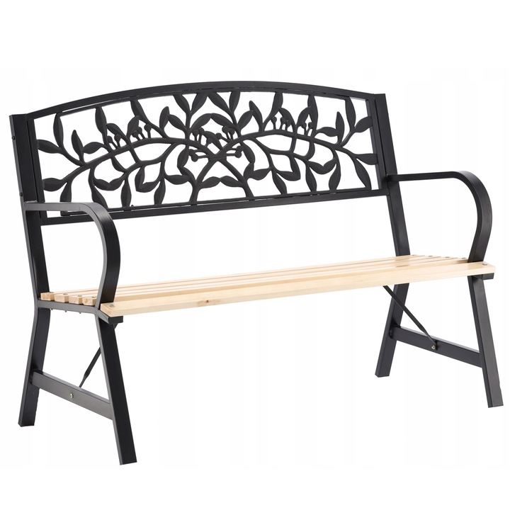 (DL) Banca pentru gradina cu spatar, cadru metalic, sezut din lemn lacuit, 120x56x87cm, model frunze