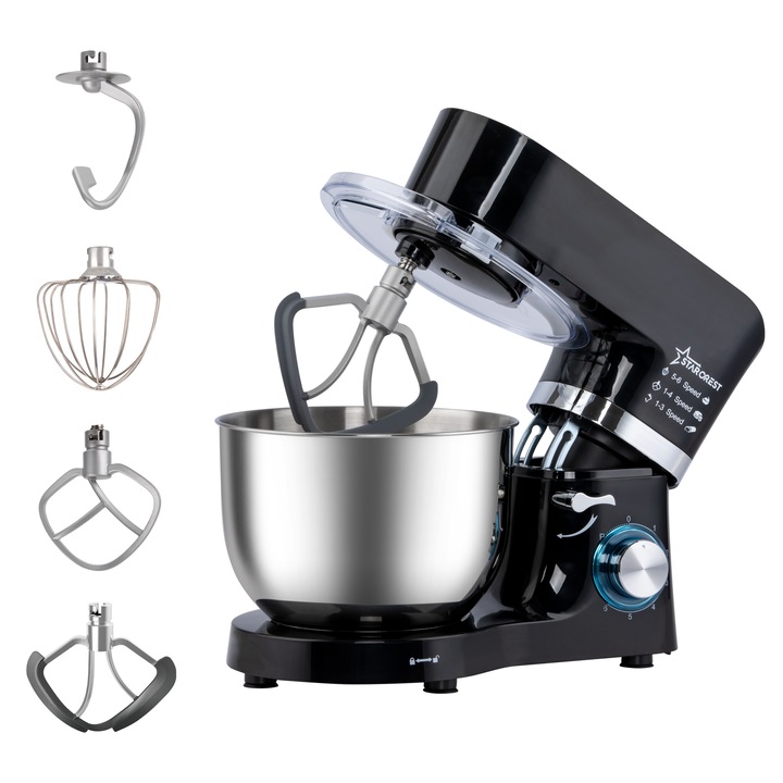 Robot de bucatarie STARCREST SKM-1500BK, 1500W, Bol 5.5 L Inox, 5 Accesorii, 6 Viteze - Pulse, Angrenaje metalice, Negru - Inox