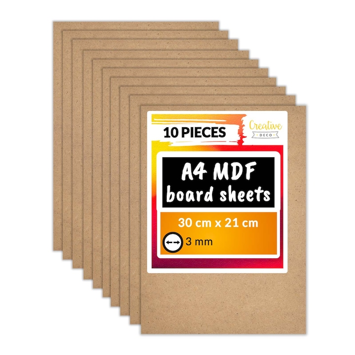 Set MDF 10 x A4 foi, Creative Deco, 300 x 210 x 3 mm, Foi subtiri de lemn, Perfect pentru laser, router CNC, modelare, openwork, ferastrau de derulare