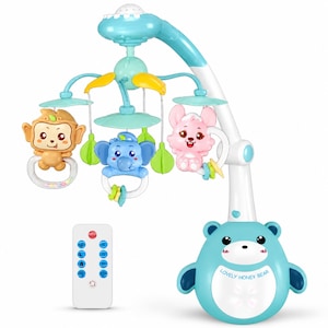 Carusel muzical patut bebelusi Kidprotect® Dream World, proiectie stelute, 70 de cantece de adormit, 39 de melodii, sunete albe din natura, 3 tipuri proiectie, telecomanda, albastru