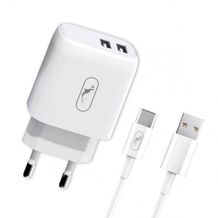 Incarcator de retea, SkyDolphin, SUSB, 2.1A, cablu tip C, Alb