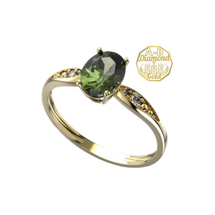 Дамски пръстен A-B, диамант, молдавит, 14K жълто злато, 0,0366Ct