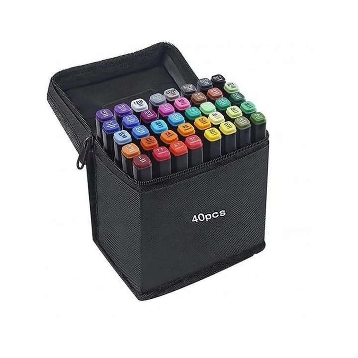 Set 40 markere Malatec, cu 2 capete subtire si gros, cu geanta de depozitare, multicolor