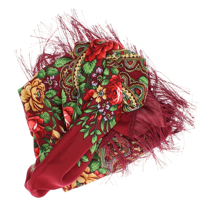 Sal de dama, Buticcochet, Viscoza, cu imprimeu floral, 108x108 cm, Visiniu - ES1833