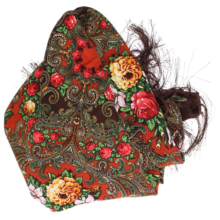 Sal de dama, Buticcochet, Viscoza, cu imprimeu floral, 108x108 cm, Maro - ES1834