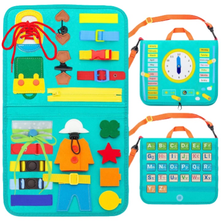 Carte din fetru, senzoriala, cu activitati, turcoaz, 23x28 cm