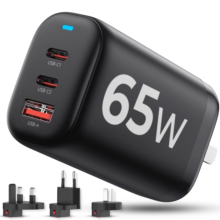 Incarcator Retea, 3 porturi, 65W Fast Charge - Type-C, 18 W Incarcare Rapida - USB, Priza EU, UK, AU si US, Compatibil Laptop, Telefon, Iphone, Huawei, Samsung, Negru