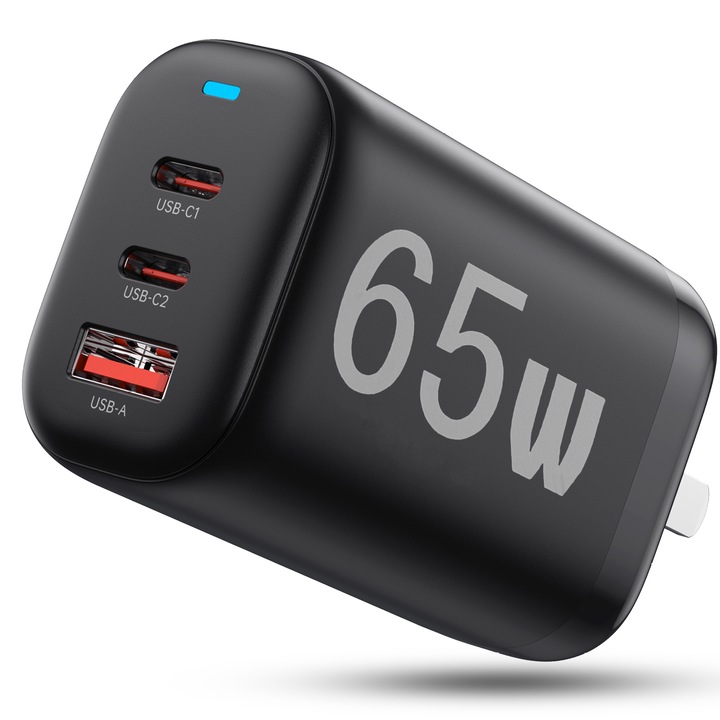 Мрежово зарядно устройство, 3 порта, 65 W бързо зареждане - Type-C, 18 W бързо зареждане - USB, щепсел за ЕС и САЩ, съвместимо с лаптоп, телефон, Iphone, Huawei, Samsung