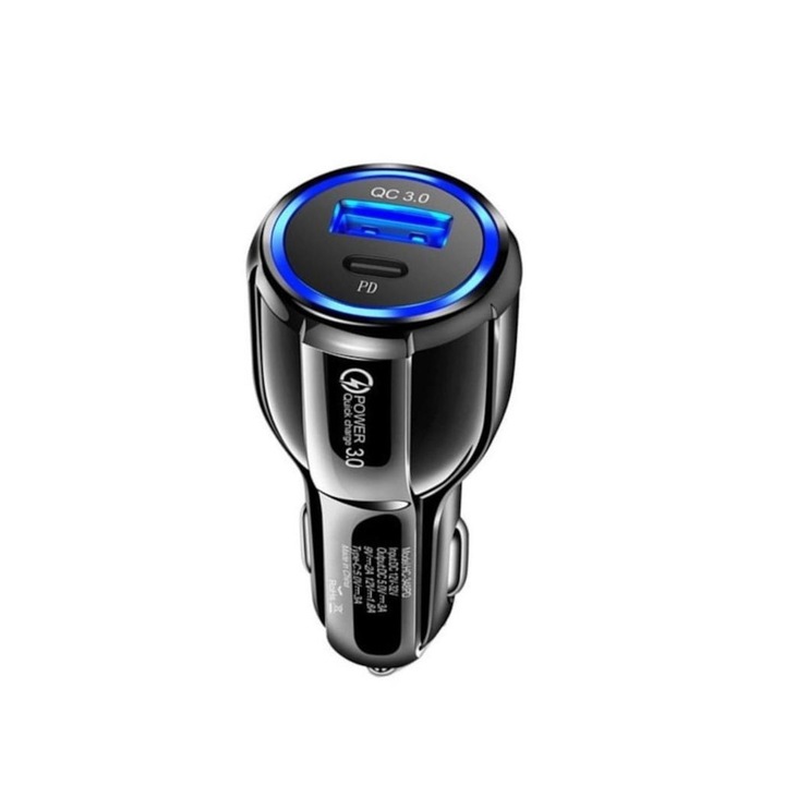 Incarcator Auto MaxOnline ™ PD Premium, 1x USB,1x USB-C Incarcare Fast Charge cu LED Blue si USB QC3.0 + 3.1A, Negru
