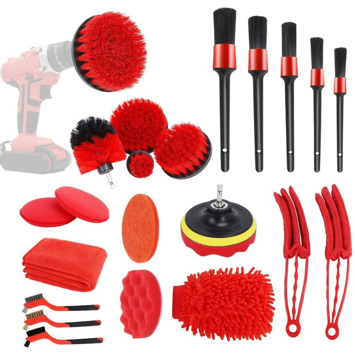 ASTRAGY Készlet 22 részletező autó, Részletkefe, Alkalmazó szivacs, Mikroszálas törlőkendő, 5 légkondicionáló kefe, 3 drótkefe, Mikroszálas kesztyű, Piros