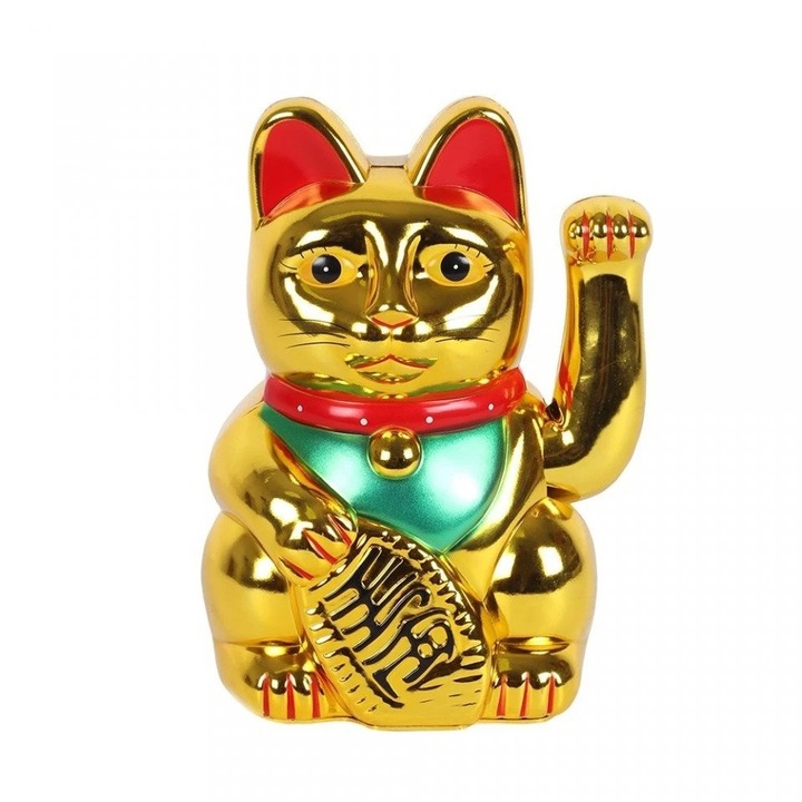 Pisica decorativa Maneki Neko, Aurie, remediu Feng Shui, plastic, 15 cm