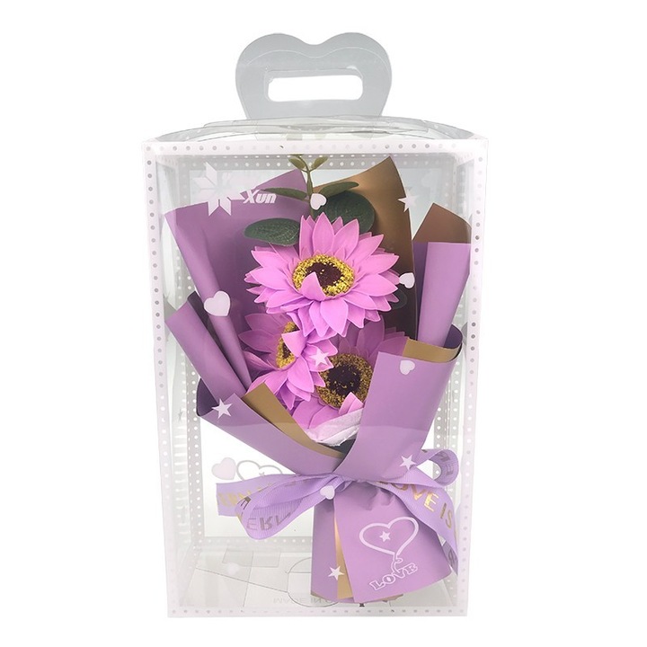 Букет от три сапунени/дунапренови хризантеми, опаковани в кутия с щампа, М4, 16Х24 см