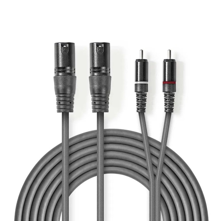 Nedis XLR 3-tűs Dugasz x2, RCA Dugasz x2, PVC, nikkelezett, szimmetrikus audió kábel, 1.5m, sötét szürke (COTH15210GY15) (COTH15210GY15)