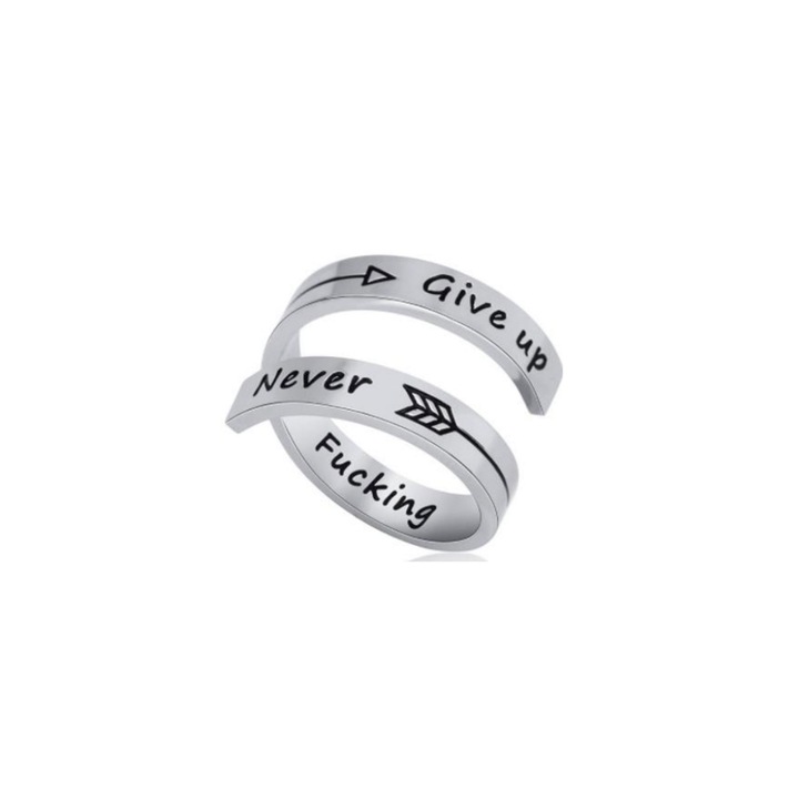 Inel Spirala Gravat cu Mesaj Never Give Up, Otel Inoxidabil, Marimea 10