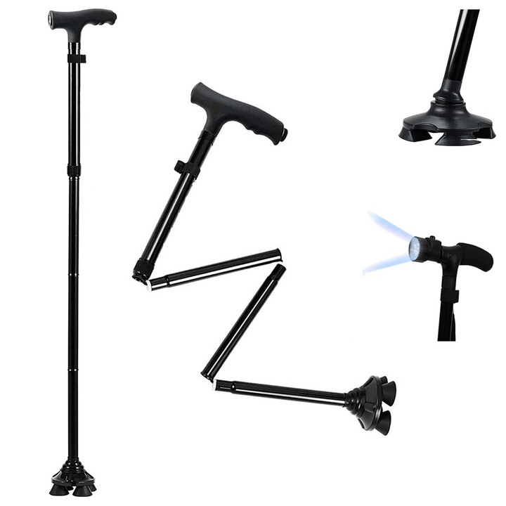 Baston pliabil, WTO®, maner cu lanterna LED, reglabil pe inaltime in 5 trepte 85 – 97 cm, Negru