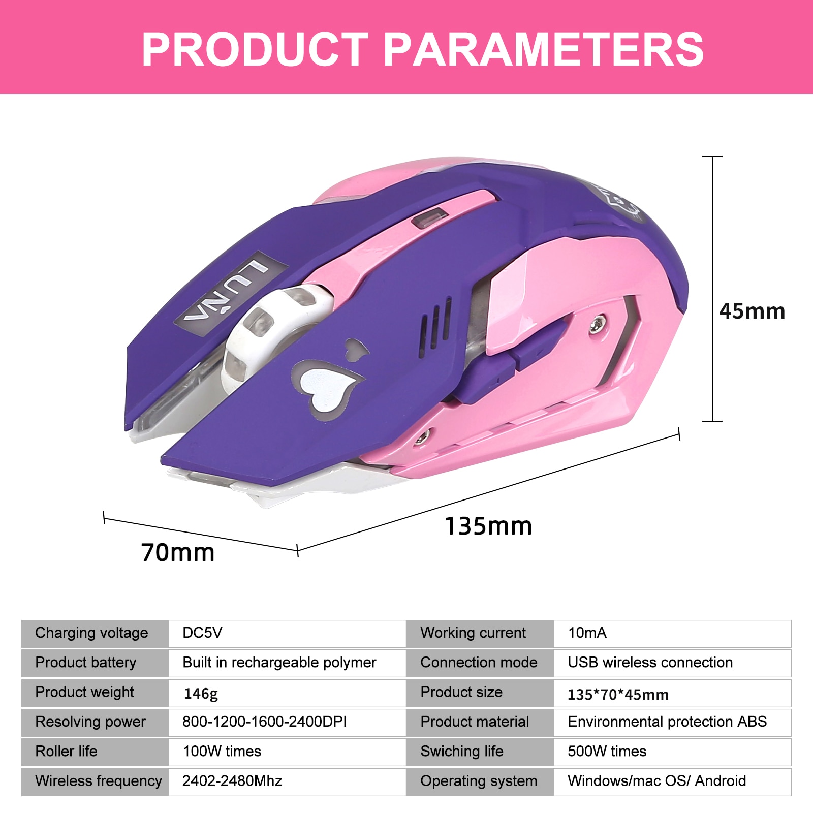 Мишка за игри, безжична, USB, LED, розово/лилаво - eMAG.bg