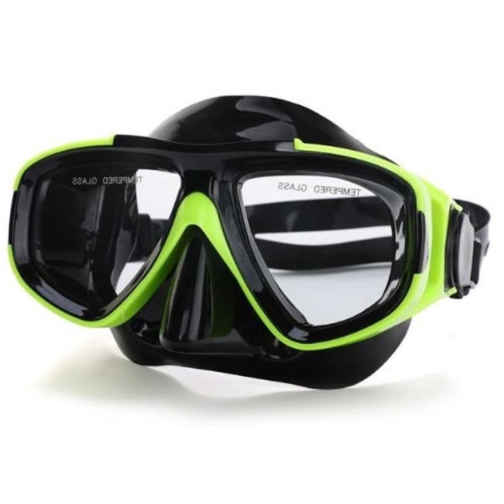 Ochelari de inot pentru adulti cu protectie pentru nas, galben neon/negru, curea reglabila din silicon, lentila transparenta, 12 ani+