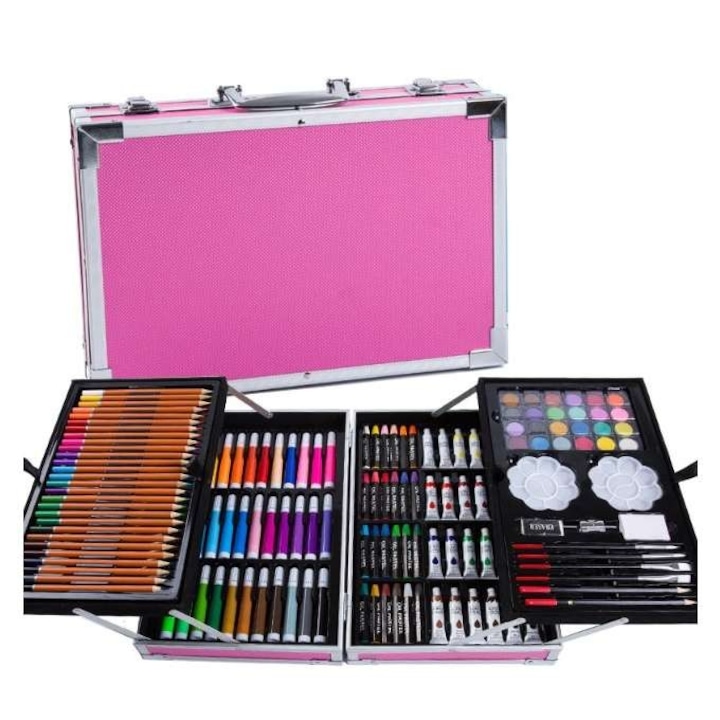Művészi festőkészlet bőröndben, 145 db, rózsaszín