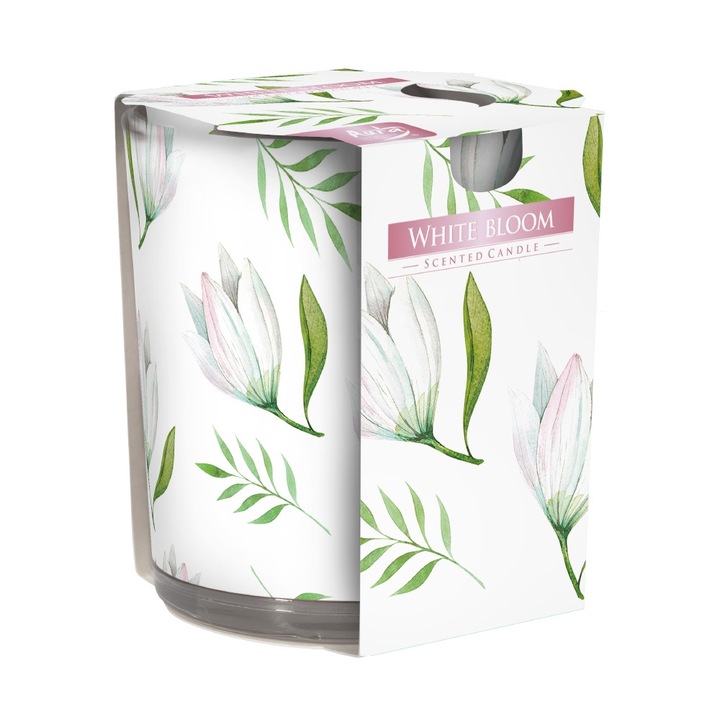 Lumanare Parfumata in Pahar Imprimat, Flori Albe 22 Ore