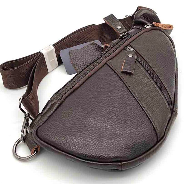 Borseta Diagonala Barbati, Crossbody Slim, Piele Naturala, Maro Inchis, 28 x 15 x 2.5 cm