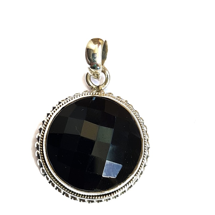 Pandantiv argint 925, argint patinat, cu onix negru natural, rotund, Imperatrix, 3.0 cm