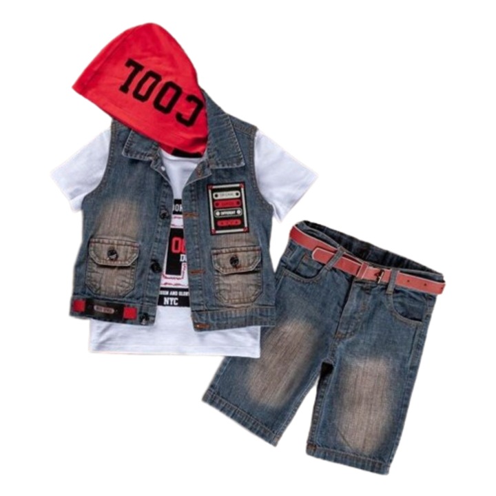 Compleu de blug, tricou alb cu gluga rosie, pantaloni scurti si vesta albastru spalacit