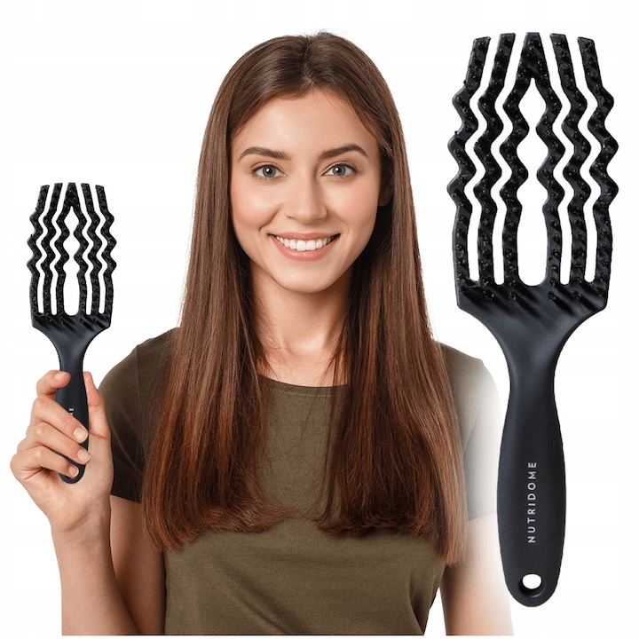 Perie Pentru Par, Nutridome, Cu Peri Naturali De Mistret si Varfuri Din Nailon, Netezeste si Descurca Fara Rupere, Masaj Delicat Pentru Scalp, Potrivita Pentru Par Umed si Uscat, Negru, 1 Buc