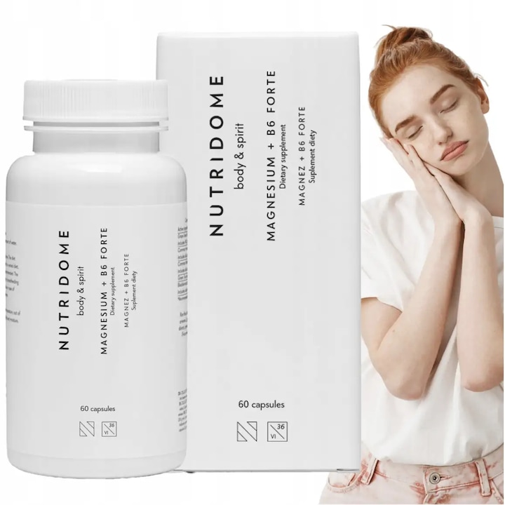 Étrend-kiegészítő, Nutridome, Magnézium + B6 Forte, Csökkenti a Stresszt és a Fáradtságot, Enyhíti az Izomgörcsöket, Támogatja az Energiát és az Idegrendszert, 60 Kapszula