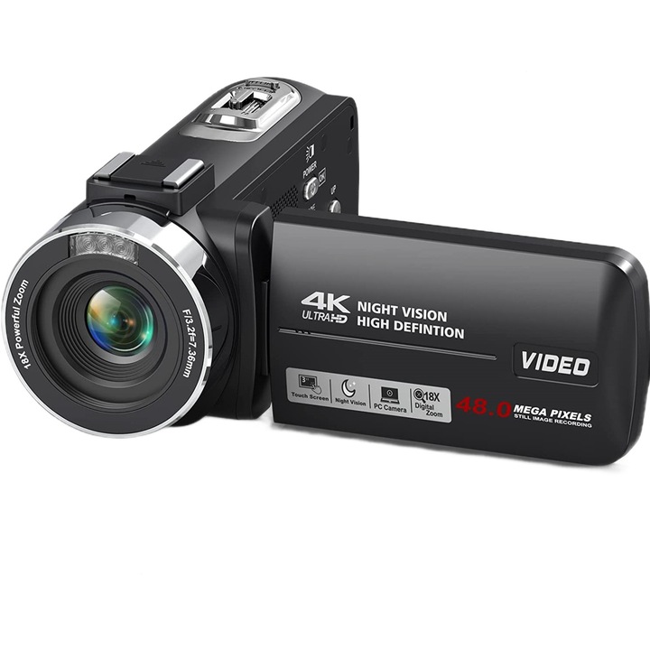 Camera video digitala,4k, 48 mpx, 30fps, vedere nocturna, ecran 3 inch, zoom digital 18x, 2 baterii, card inclus, neagra