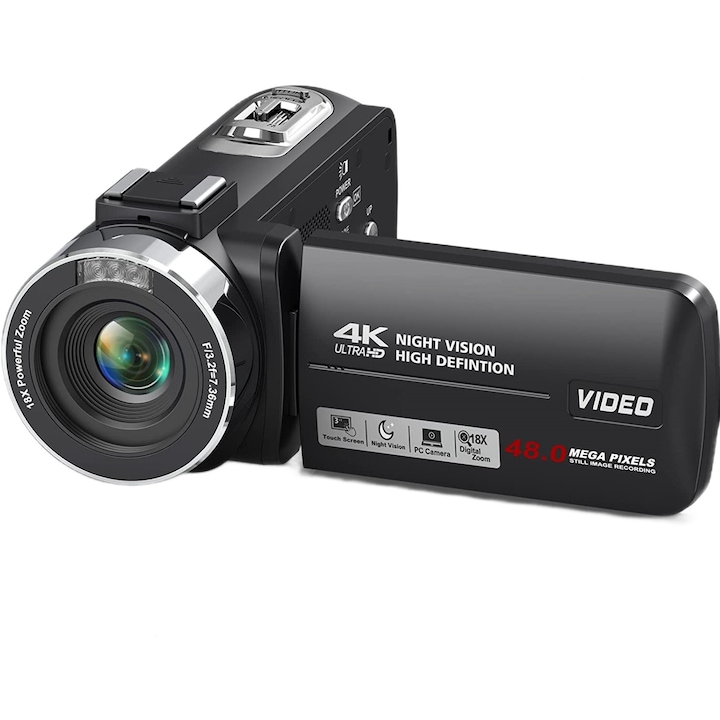 Цифрова видеокамера, 4k, 48 mpx, 30fps, С нощно виждане, 3 инча екран, 18x цифрово увеличение, 2 батерии, Черен