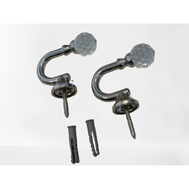 Set 2 carlige Hiko Crystal, prindere in perete canafi/ciucuri pentru draperii, Argintiu
