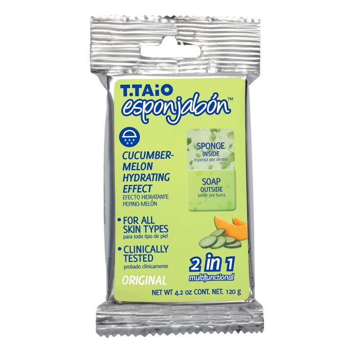 2 in 1 Burete de baie si sapun incorporat, cu parfum de castraveti si pepene galben, efect hidratant, Esponjabon, 120 gr