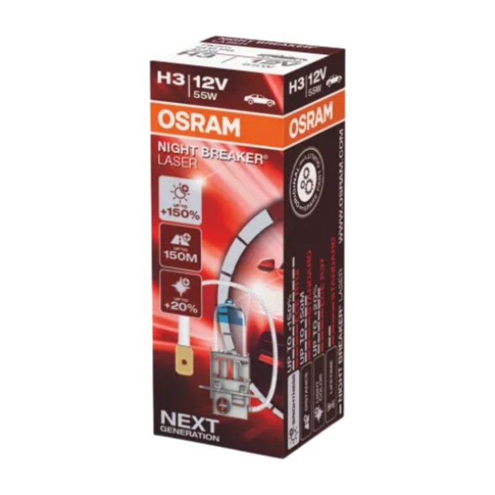 Bec Auto OSRAM, H3, 12V, 55 W, Conector PK22s, +150%, Pentru Far, Faza Lunga, Night Breaker Laser