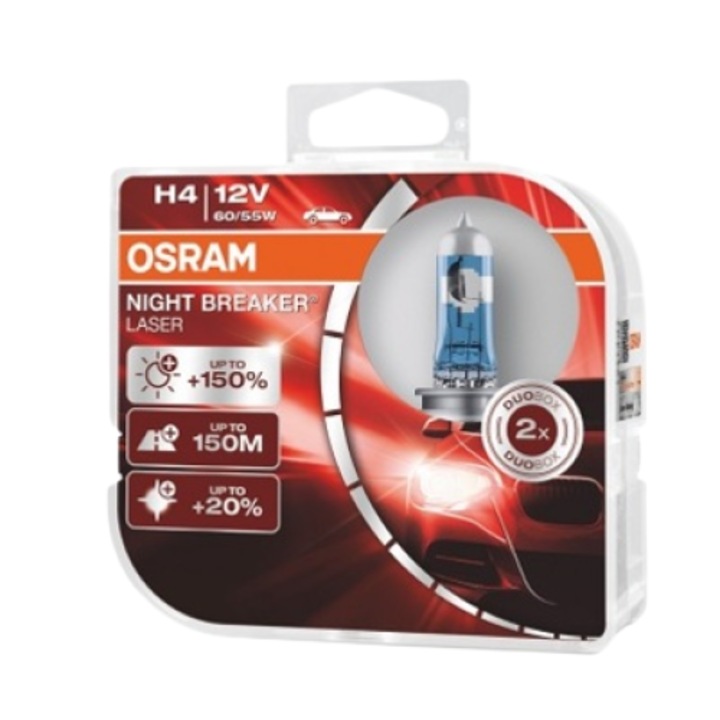 Комплект от 2 автомобилни крушки OSRAM, H4, 12V, 60/55 W, конектор P43t, +150%, за фарове, дълги светлини, лазер за нощно прекъсване