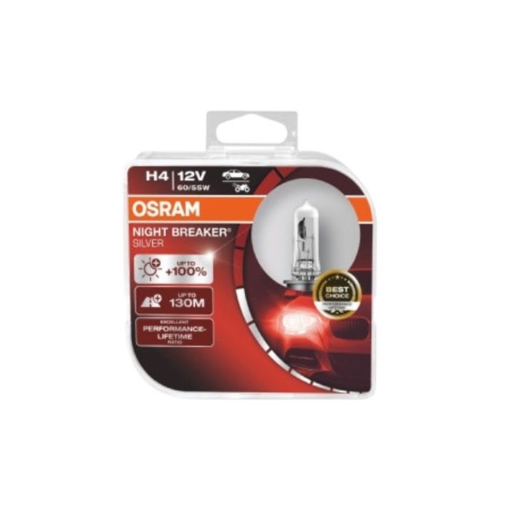 Комплект от 2 автомобилни крушки OSRAM, H4, 12V, 60/55 W, конектор P43t, +100%, за фарове, дълги светлини, нощни прекъсвачи, сребристи