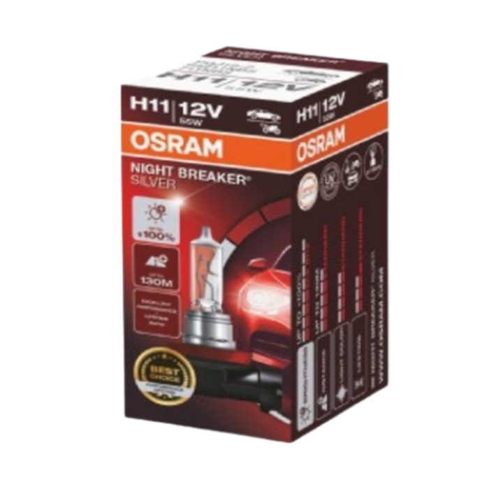 OSRAM Auto Bulb, H7, 12V, 55 W, конектор PGJ19-2, +100%, за фарове, дълги светлини, нощно прекъсване Сребро