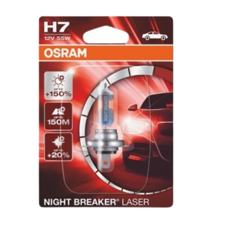 Авто крушка OSRAM, блистер, 12V, H7, 55 W, конектор PX26d, +150%, за фарове, дълги светлини, лазер за прекъсване на нощта